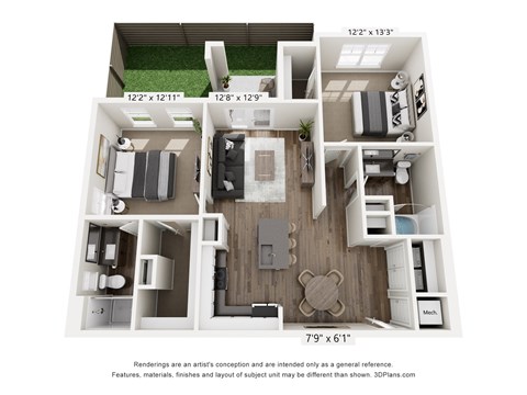 Floor plan for 2 beds, 2 baths, 1114 sqft